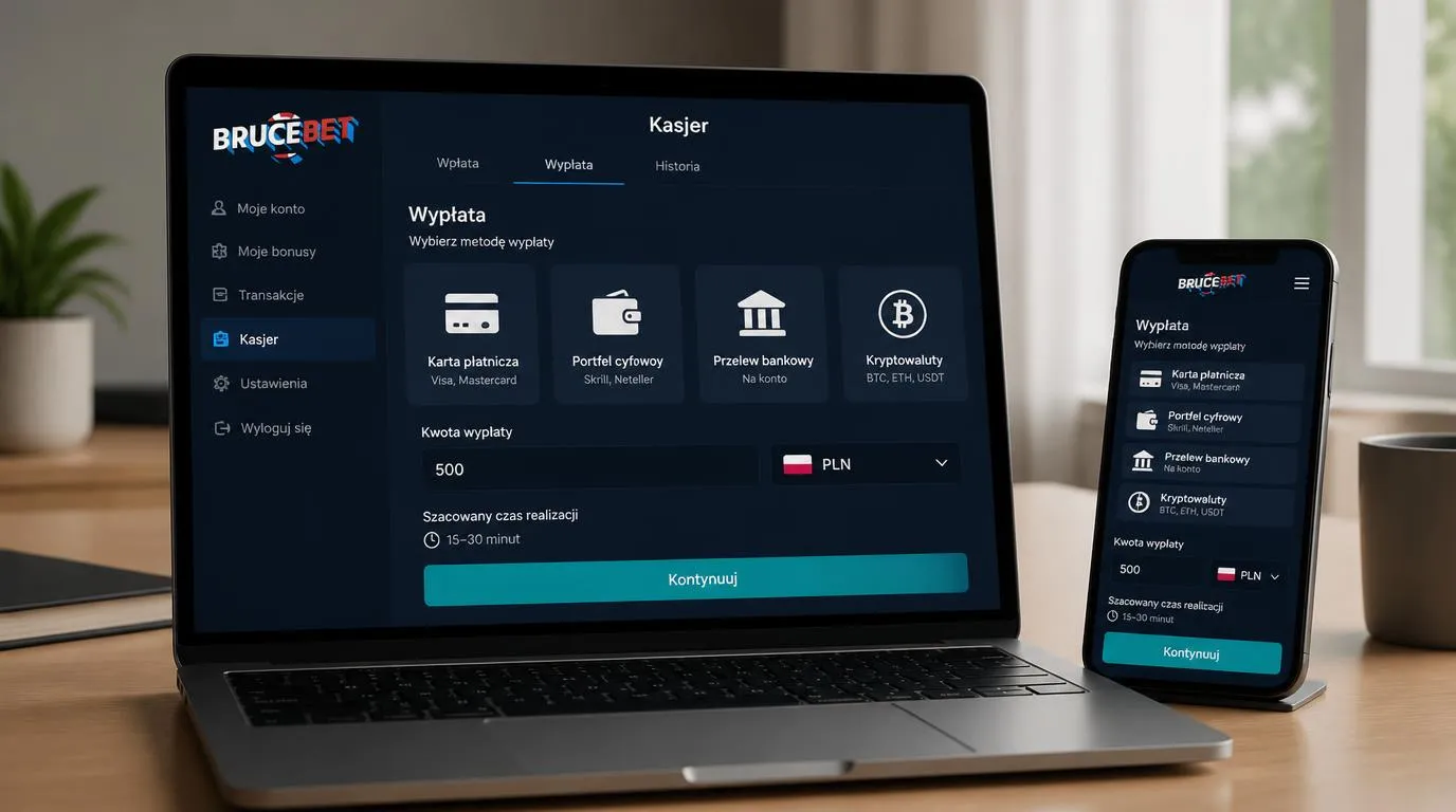 Ekran kasy kasyna z wyborem karty, portfela, przelewu i kryptowaluty oraz waluty PLN