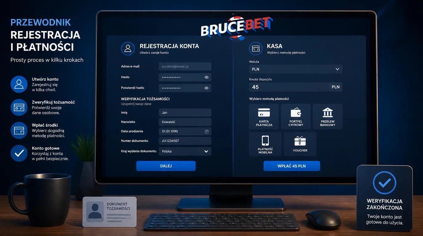 Ekran rejestracji i kasa z wyborem waluty PLN oraz metody pierwszej wpłaty