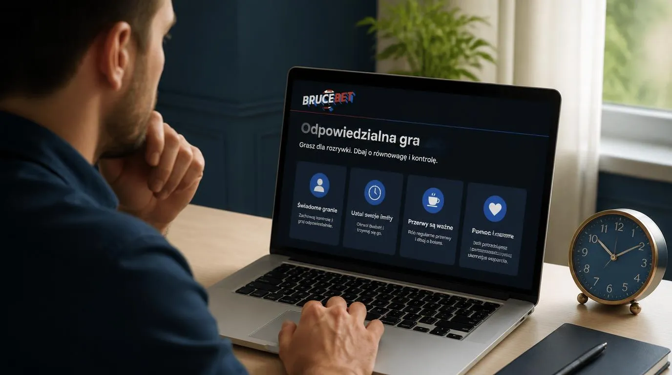 Dorosła osoba przegląda na laptopie informacje o odpowiedzialnej grze w kasynie internetowym