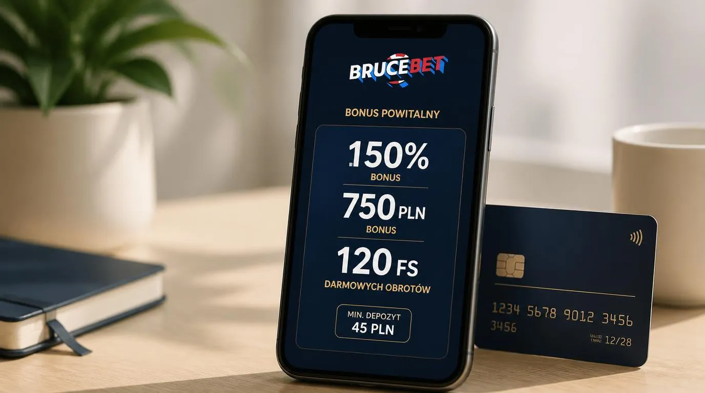 Telefon z ofertą 150% do 750 PLN i 120 FS obok karty płatniczej oraz informacji o wpłacie od 45 PLN